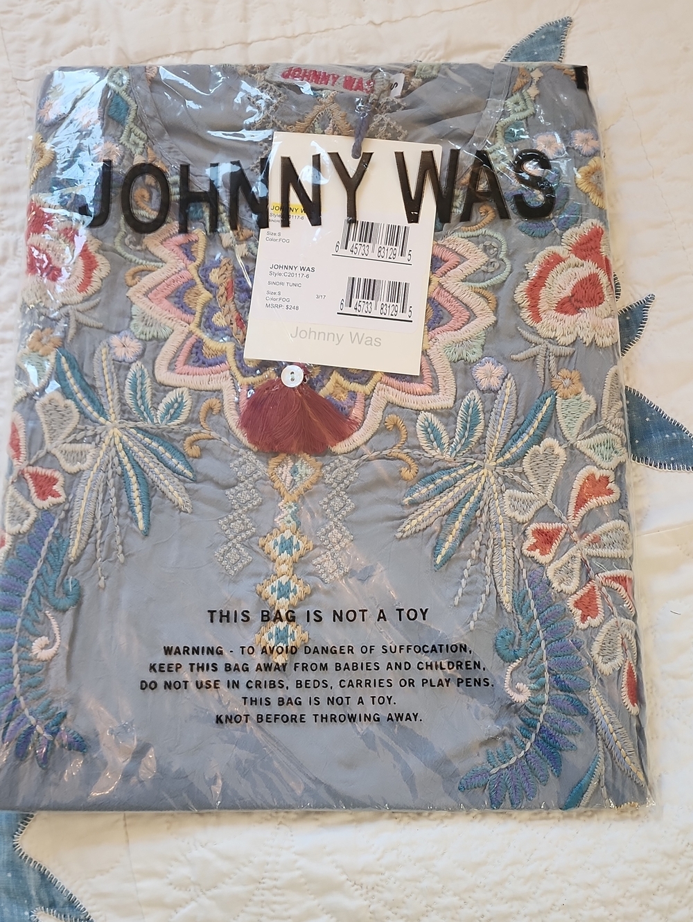 Johnny Was Light Blue Sindri Embroidered Floral Mandala Motif Tunic